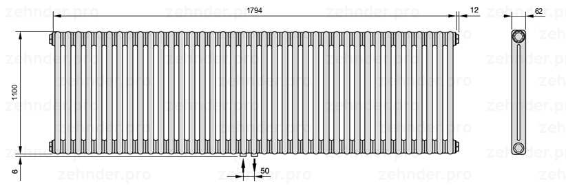 Схема (чертеж) Радиатор Zehnder Charleston 2110/39 №3470 Белый глянцевый RAL 9016